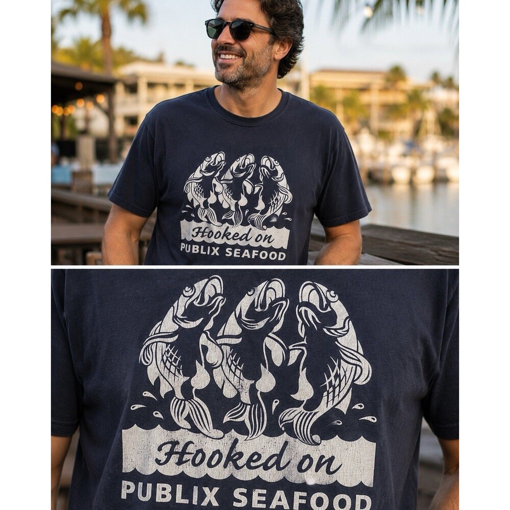 Vintage Publix Seafood Hooked On Fish Graphic T-Shirt XL Gildan Navy Tee Unisex